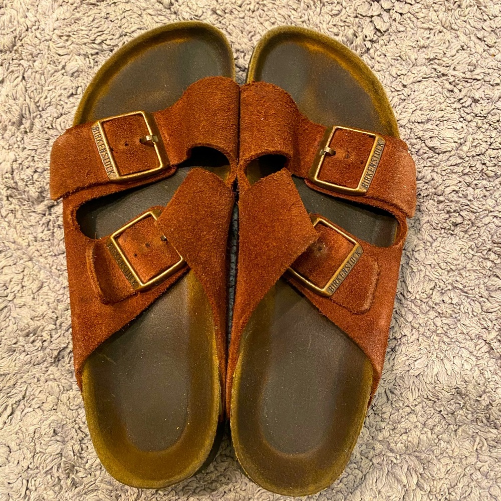 Red suede Arizona Birkenstock sandals
